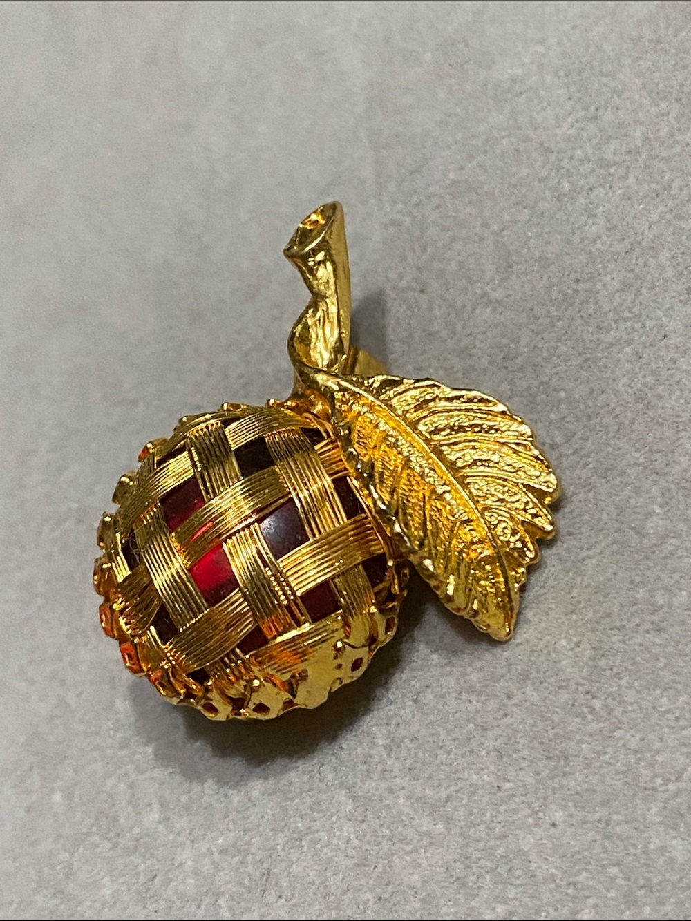 Gold Red Cabochon Basketweave Apple Brooch